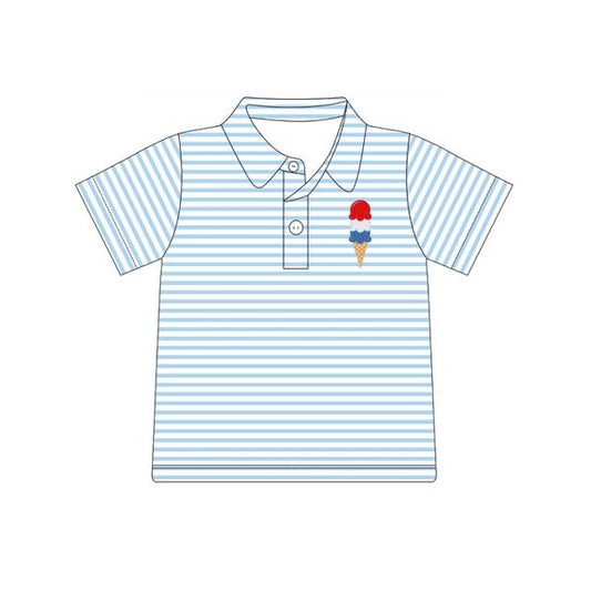 Baby Boys Light Blue Stripe Ice Cream 4th of July Button Polo Shirts Top Preorder