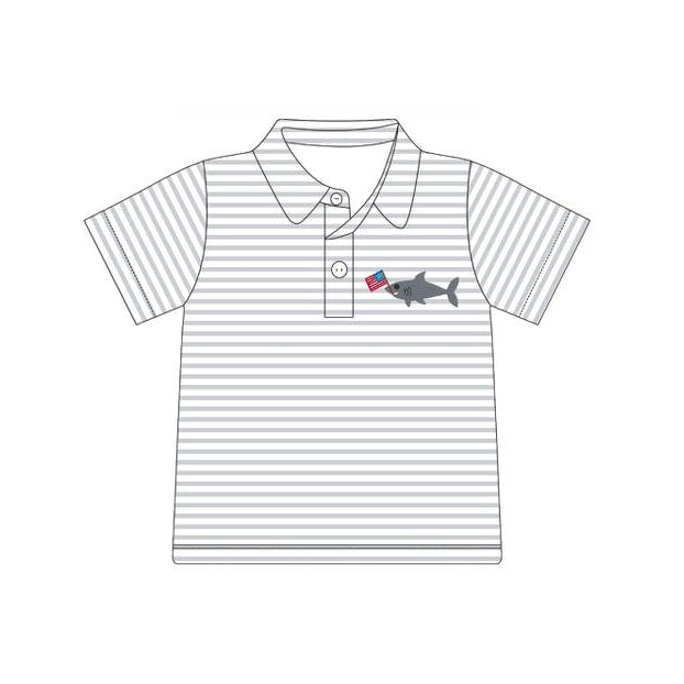 Baby Boys Grey Stripe Sharks Flags 4th of July Button Polo Shirts Top Preorder