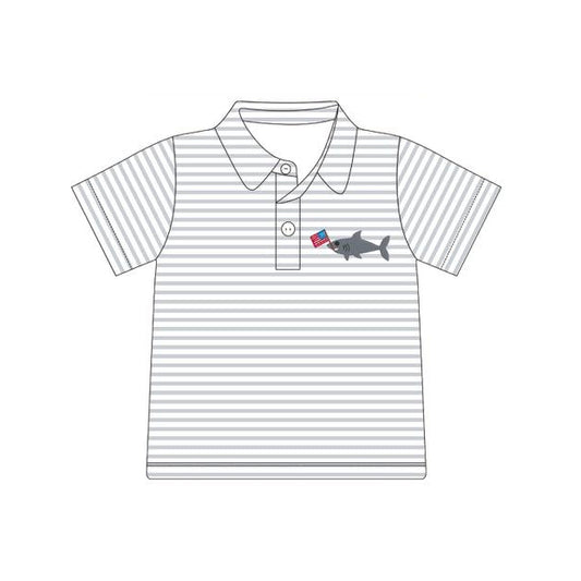 Baby Boys Grey Stripe Sharks Flags 4th of July Button Polo Shirts Top Preorder
