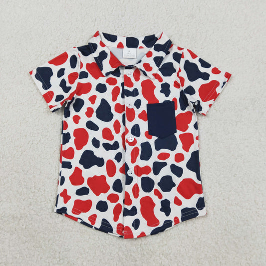 Baby Boys Red Blue Cow Print 4th of July Button Pocket Shirts Top