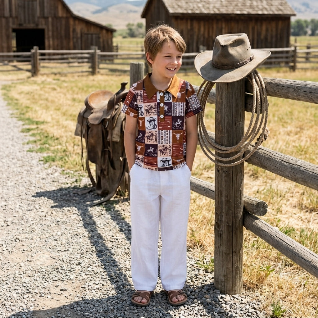 Baby Boys Short Sleeve Horse Rodeo Cows Western Polo Button Shirts Top