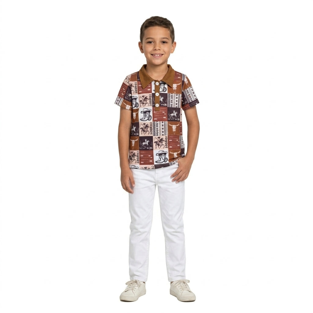 Baby Boys Short Sleeve Horse Rodeo Cows Western Polo Button Shirts Top