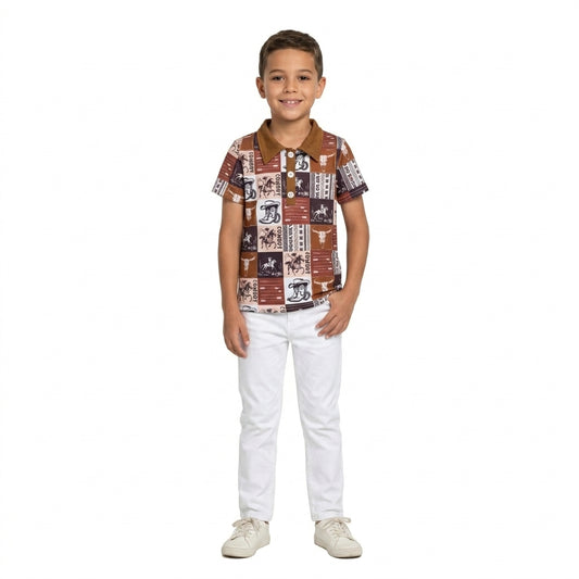 Baby Boys Short Sleeve Horse Rodeo Cows Western Polo Button Shirts Top