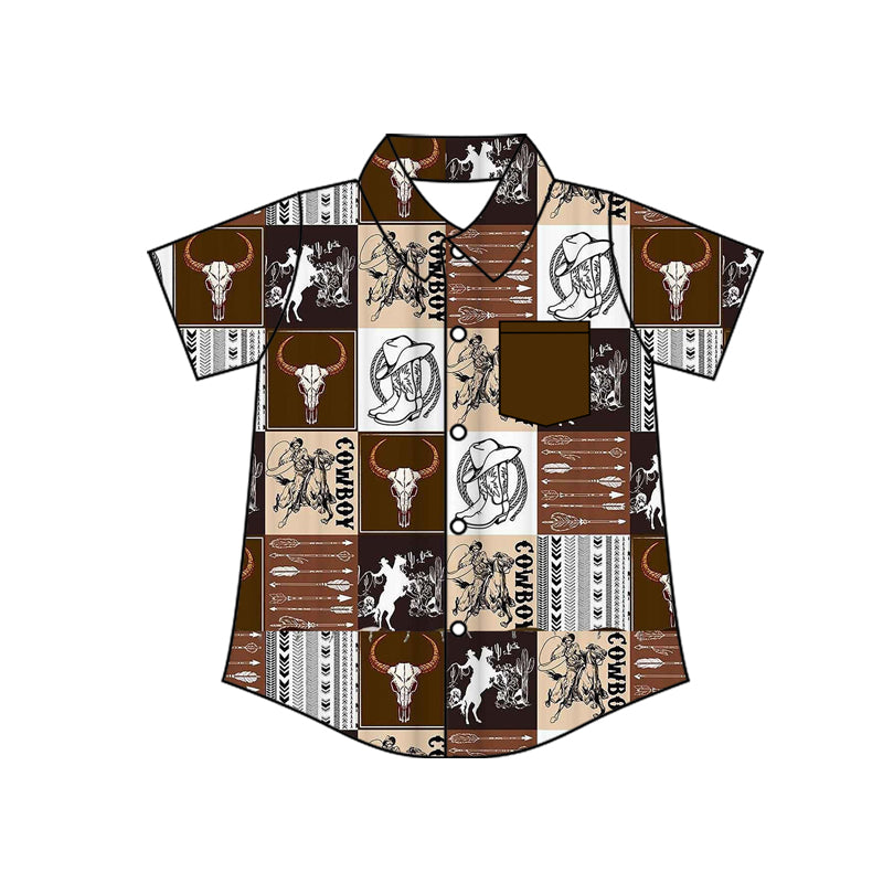 Baby Boys Short Sleeve Horse Rodeos Cows Checked Western Button Shirts Top Preorder