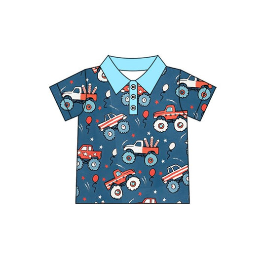 Baby Boys Short Sleeve Fireworks Trucks 4th of July Button Polo Shirts Top Preorder