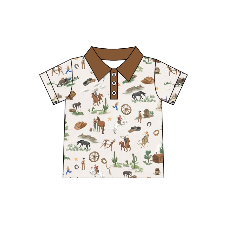 Baby Boys Short Sleeve Horse Rodeos Cactus Western Button Polo Shirts Top Preorder