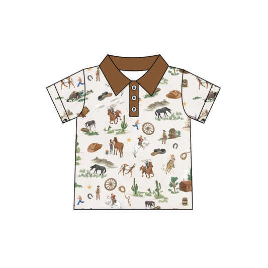 Baby Boys Short Sleeve Horse Rodeos Cactus Western Button Polo Shirts Top Preorder