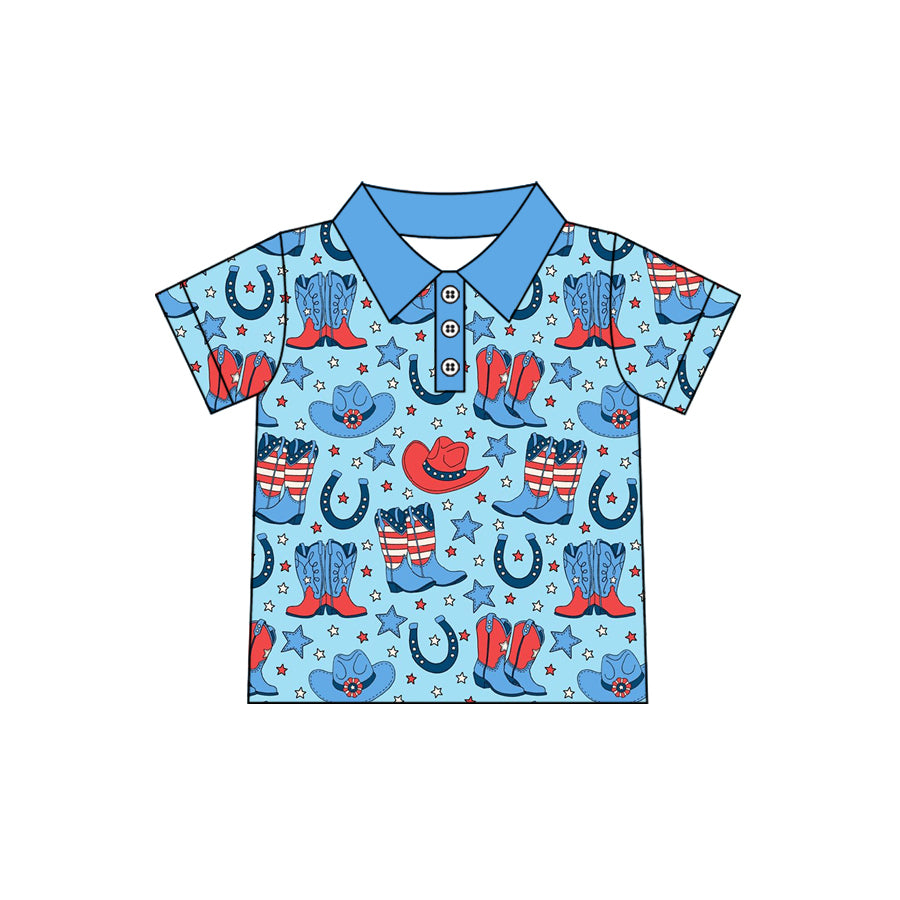 Baby Boys Short Sleeve Stars Hats Boots 4th of July Western Button Polo Shirts Top Preorder