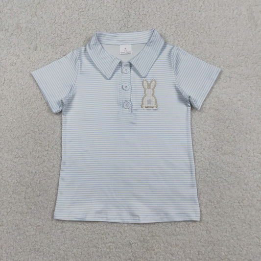 Embroidery Rabbit Baby Boys Light Blue Stripe Easter Button Polo Shirts Top