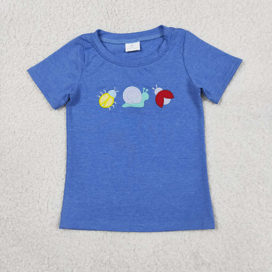 Embroidery Ladybirds Snails Baby Boys Blue Short Sleeve T-shirts Top