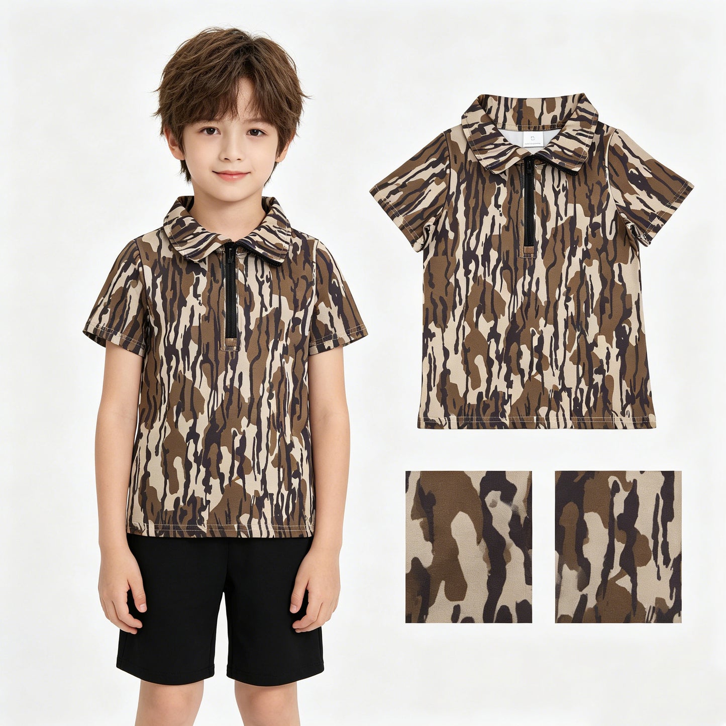 Baby Boys Short Sleeve Southern Olive Camo Zipper Pullovers Top
