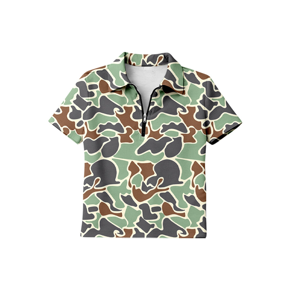 Baby Boys Short Sleeve Southern Green Camo Zipper Pullovers Top Preorder