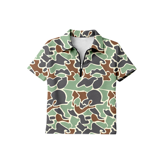 Baby Boys Short Sleeve Southern Green Camo Zipper Pullovers Top Preorder