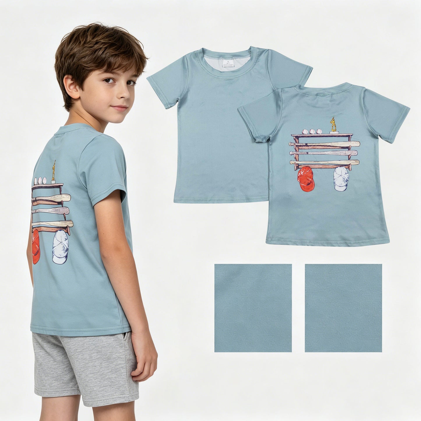 Baby Boys Light Blue Short Sleeve Back Baseballs Print Team T-shirts Top