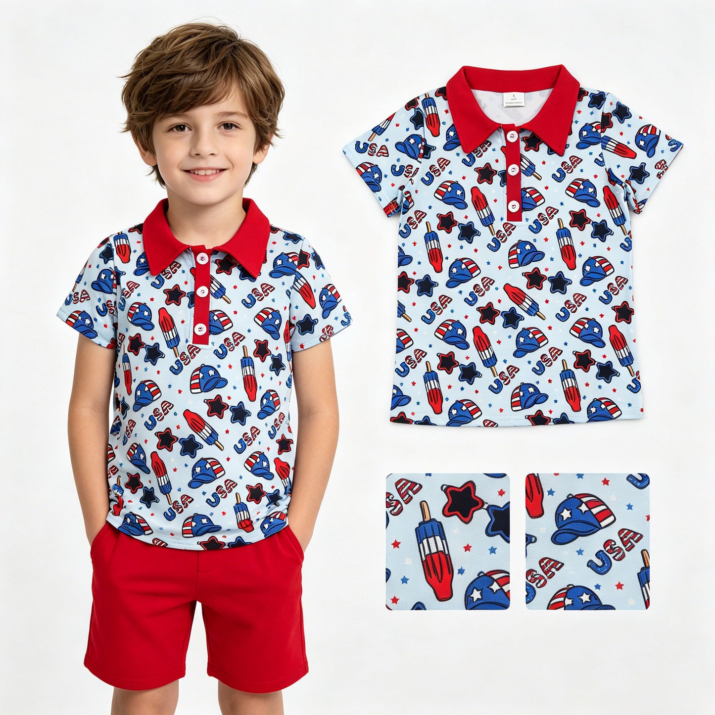 Baby Boys Short Sleeve USA Popsicle 4th of July Button Polo Shirts Top