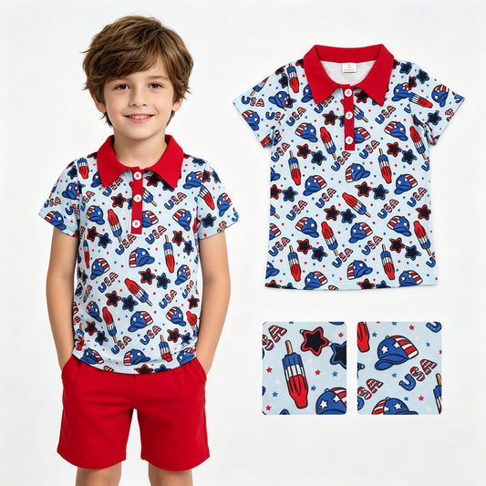 Baby Boys Short Sleeve USA Popsicle 4th of July Button Polo Shirts Top