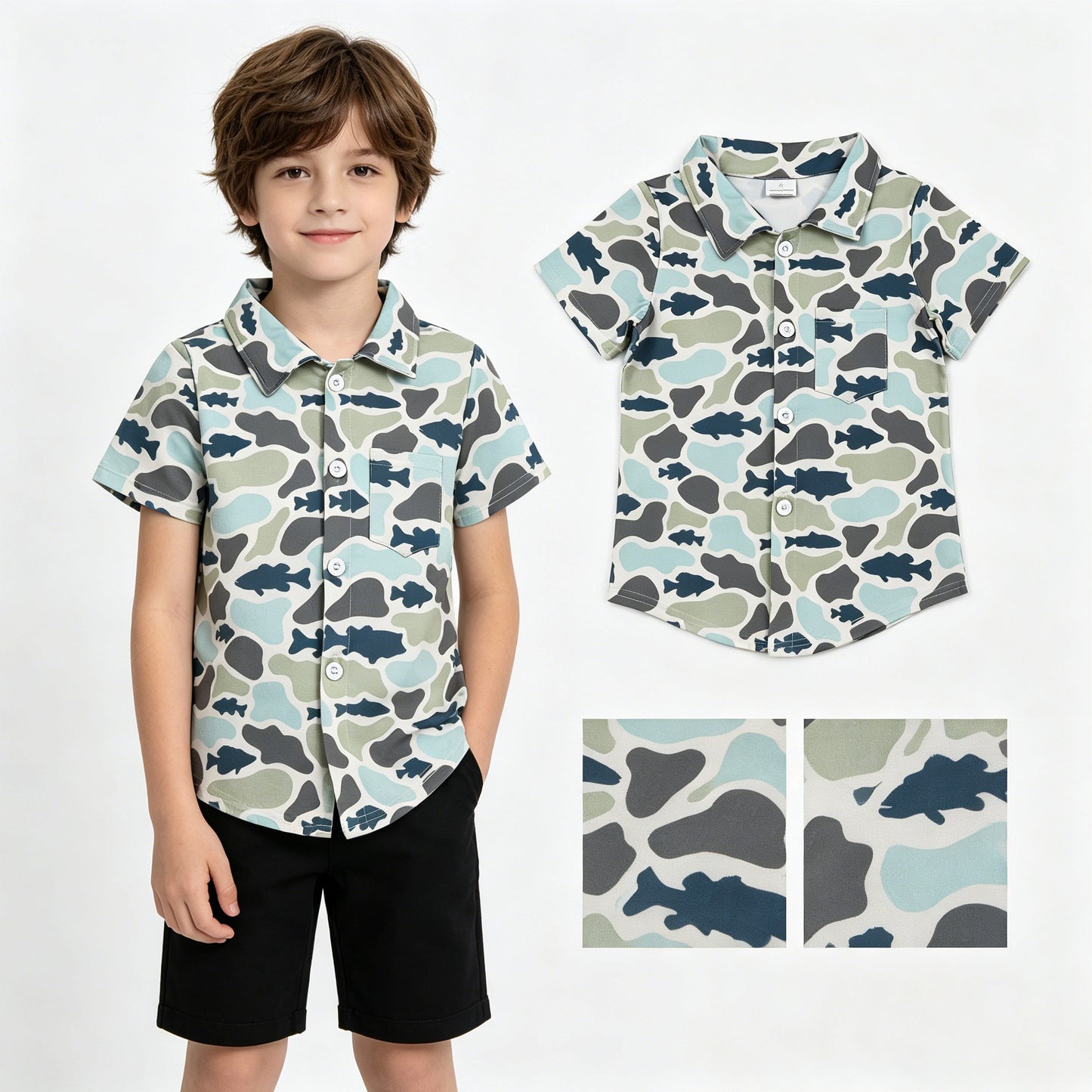Baby Boys Southern Camo Fishes Hunting Button Pocket Shirts Top