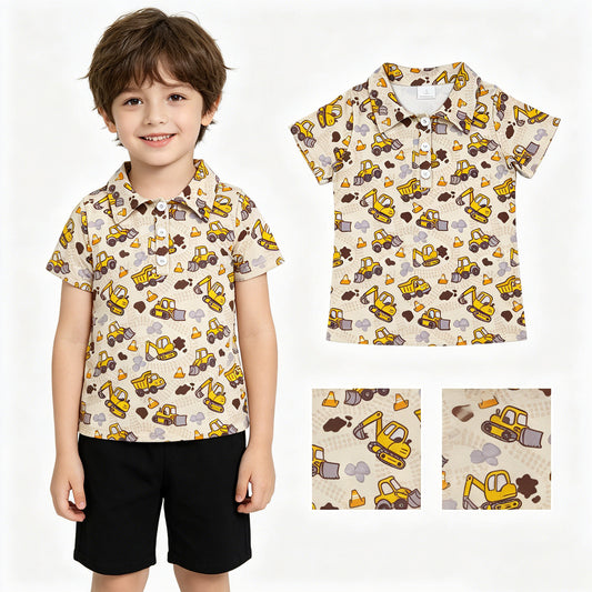 Baby Boys Short Sleeve Excavators Tractors Button Polo Shirts Top