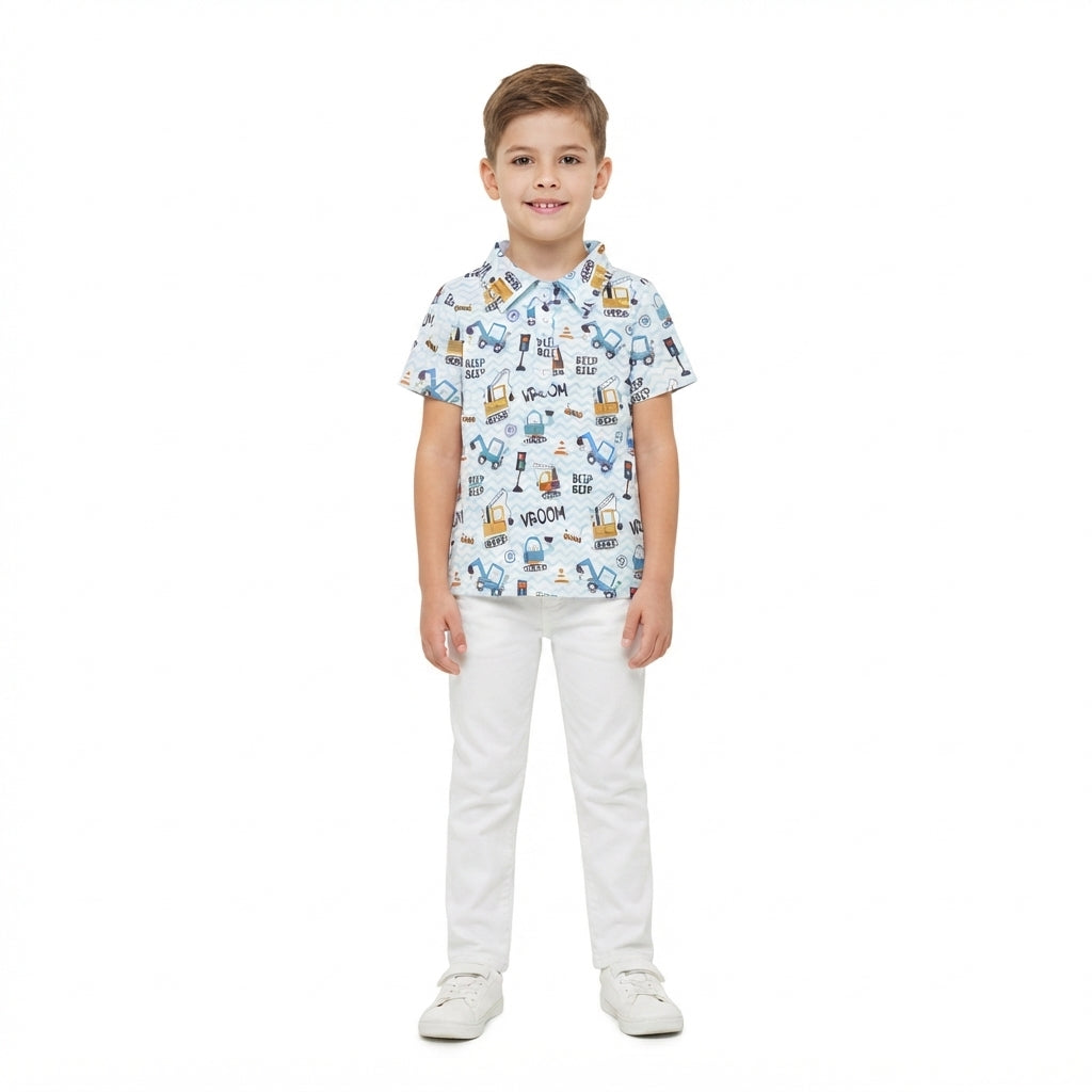 Baby Boys Short Sleeve Excavators Tractors Button Polo Shirts Top