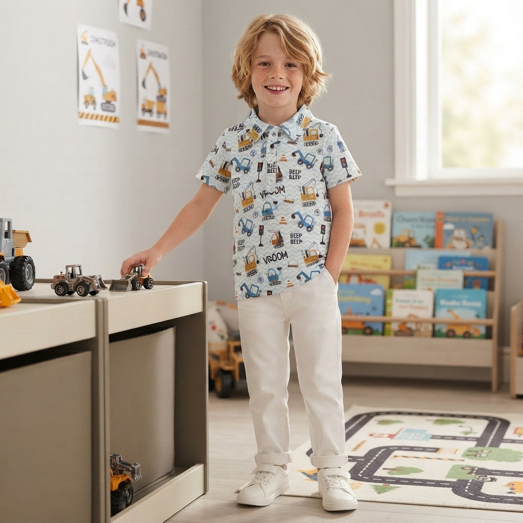 Baby Boys Short Sleeve Excavators Tractors Button Polo Shirts Top