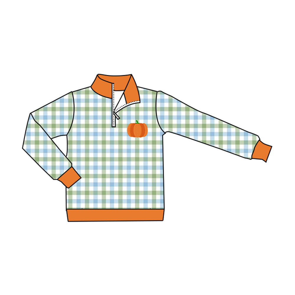 Baby Boys Long Sleeve Green Checked Pumpkin Fall Zipper Pullovers Top Preorder