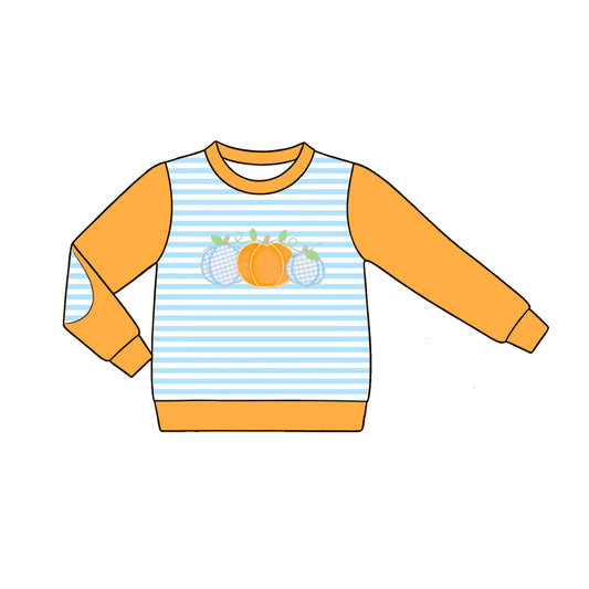 Baby Boys Long Sleeve Light Blue Stripe Pumpkins Fall T-shirt Top Preorder