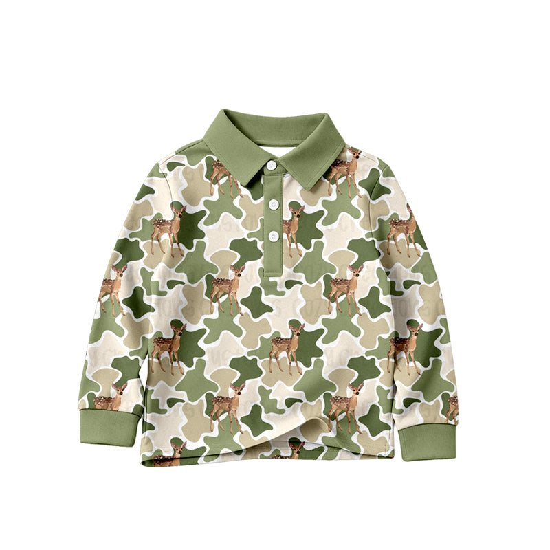 Baby Boys Long Sleeve Green Camo Deer Hunting Button Polo Shirts Top Preorder