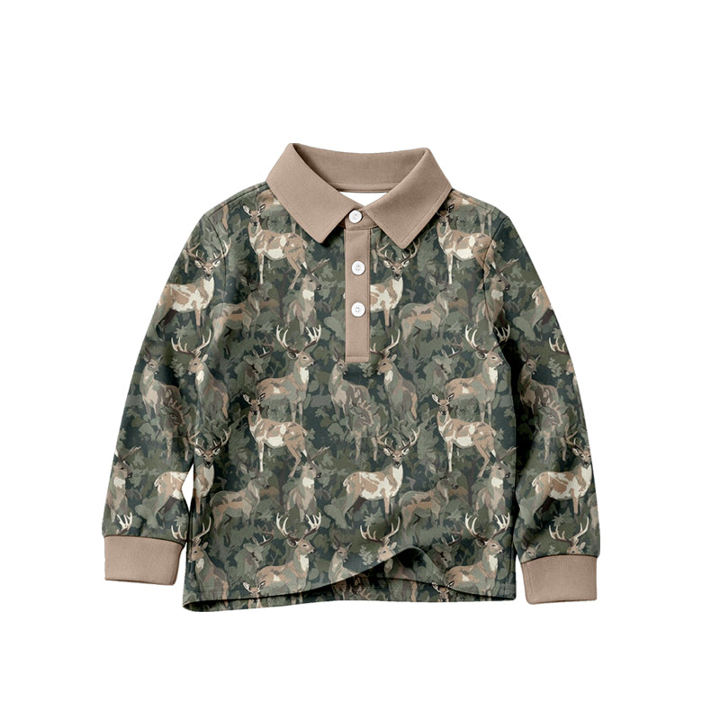 Baby Boys Long Sleeve Grey Camo Deer Hunting Button Polo Shirts Top Preorder