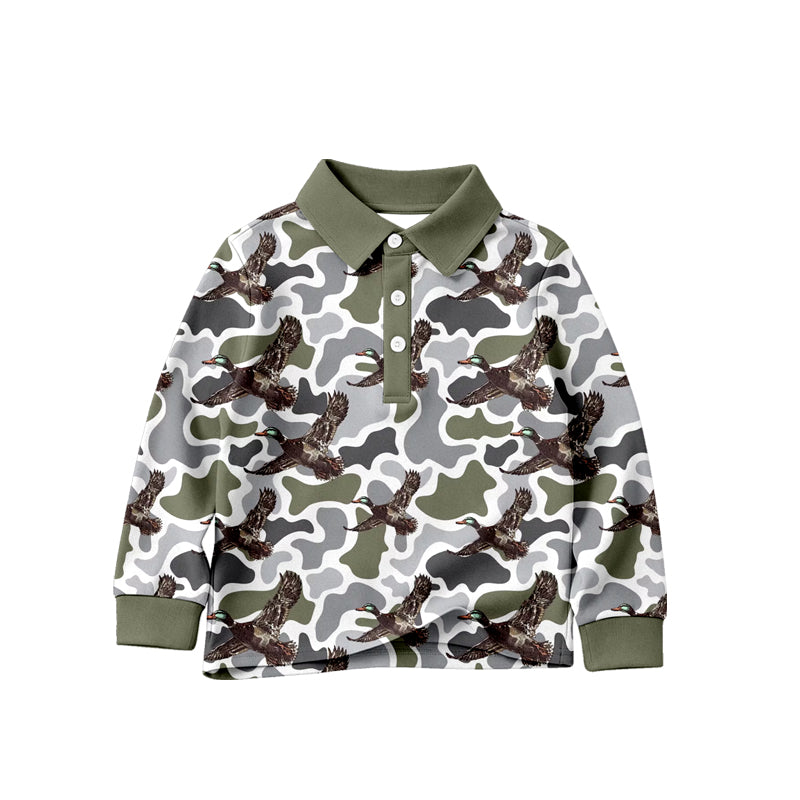 Baby Boys Long Sleeve Grey Camo Ducks Hunting Button Polo Shirts Top Preorder