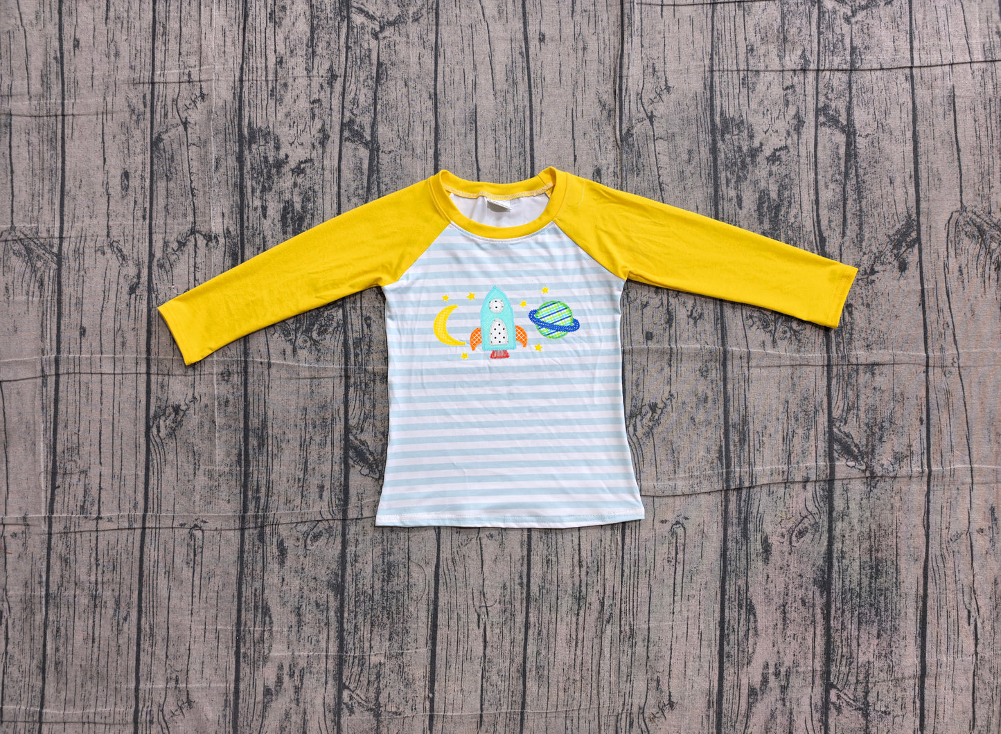 Embroidery Rocket Moon Baby Boys Long Sleeve Blue Stripe T-shirts Top Preorder