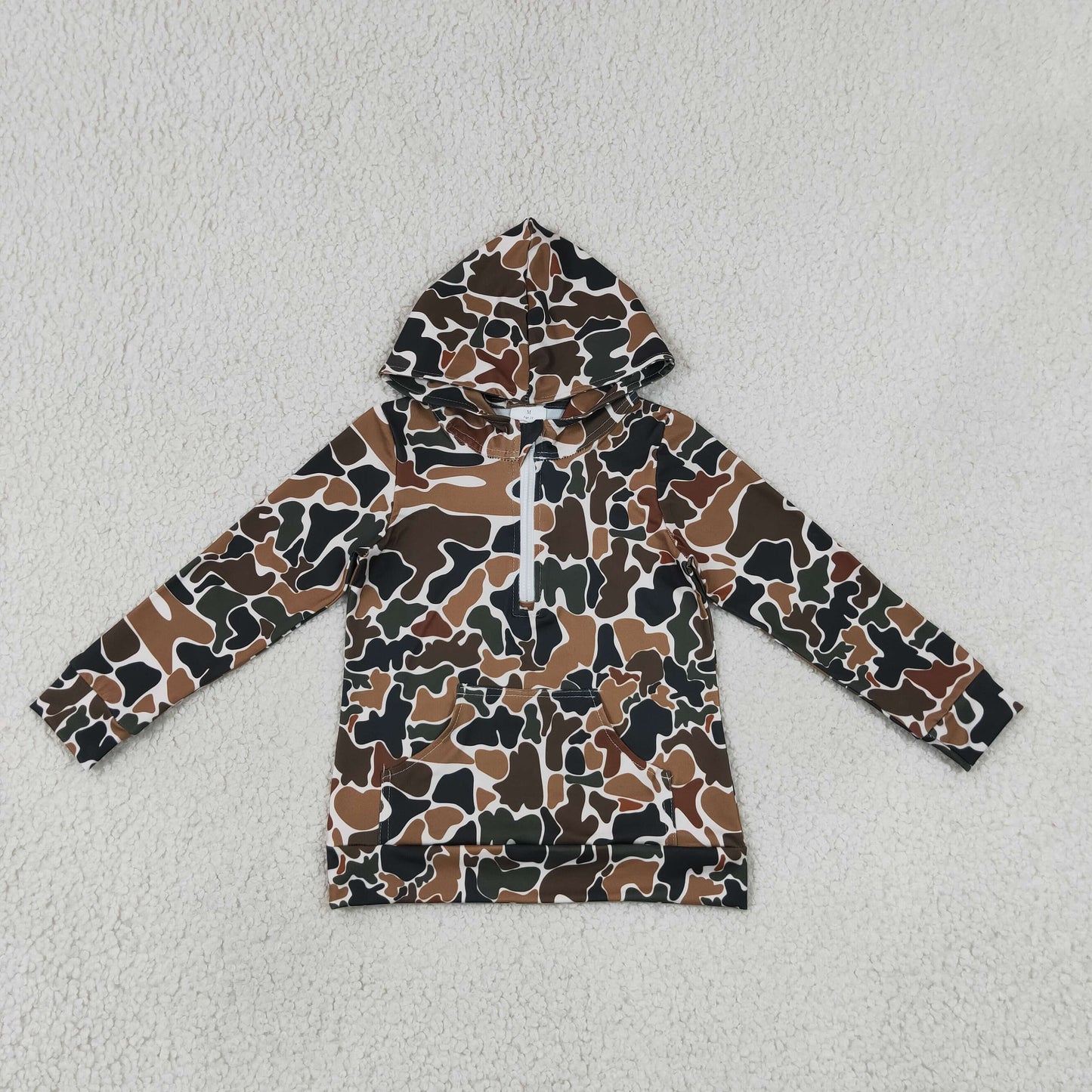 Mama and Me Boys Long Sleeve Dark Brown Camo Zip Pocket Hoodies Top