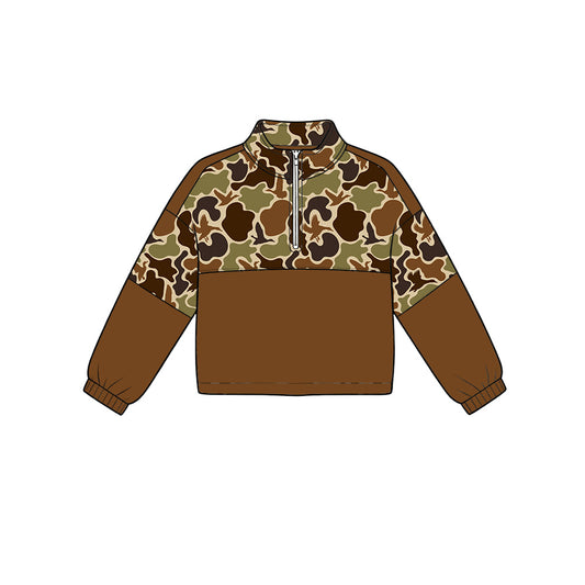 Preorder moq 5 Baby Boys Brown Ducks Camo Hunting Zip Pullovers Top