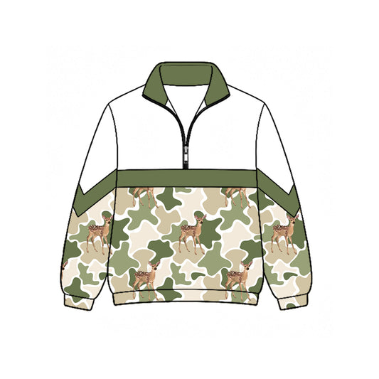 Preorder moq 5 Baby Boys Long Sleeve Green Came Deer Hunting Zip Pullovers Top