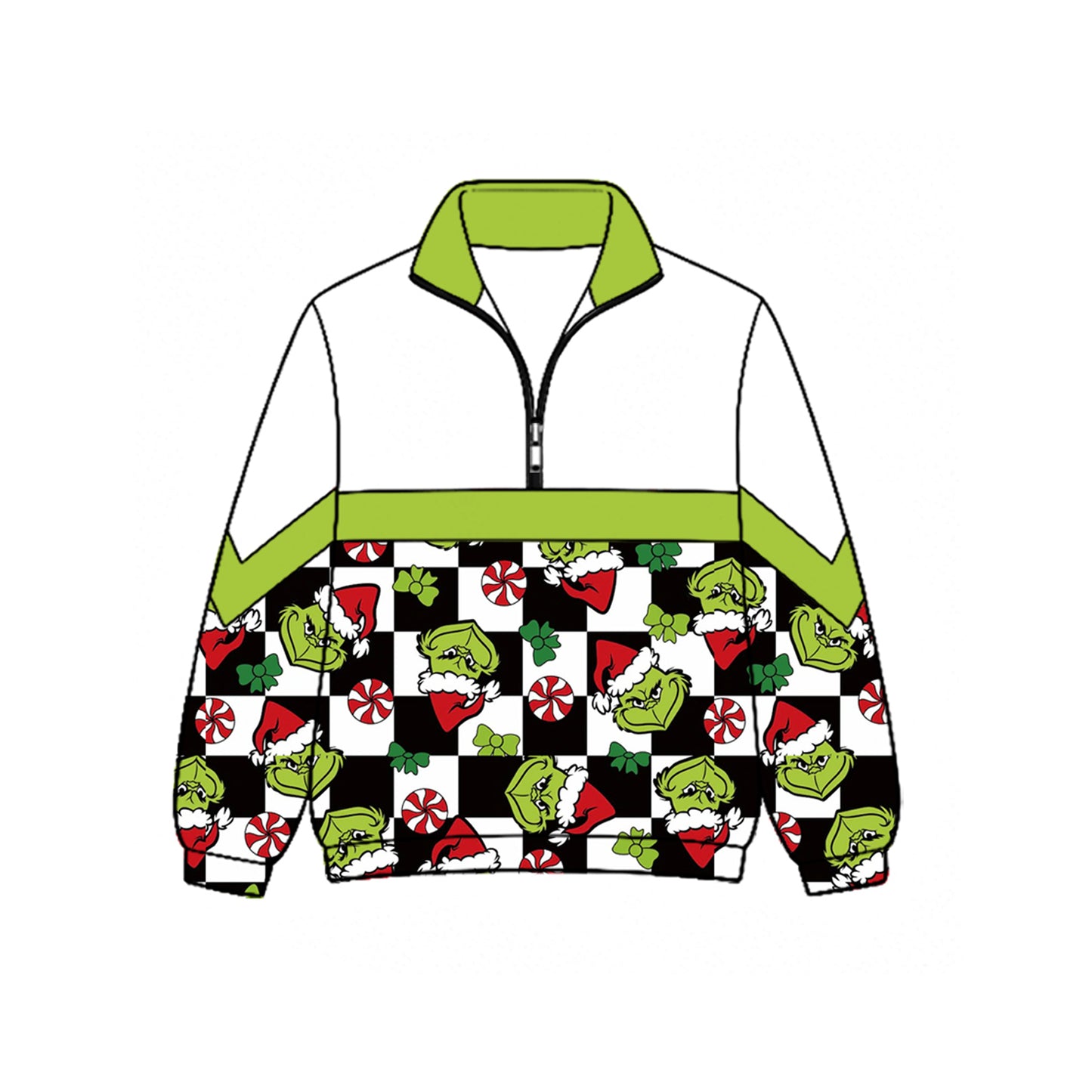 Preorder moq 5 Baby Boys Green Frogs Black Checked Christmas Zip Pullovers Top