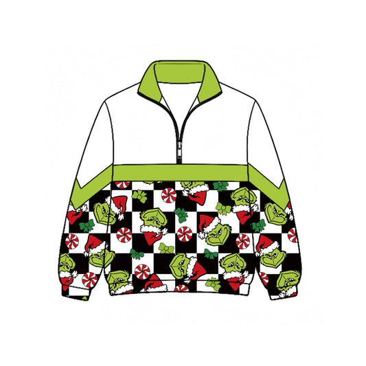 Preorder moq 5 Baby Boys Green Frogs Black Checked Christmas Zip Pullovers Top