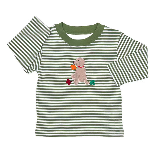 Preorder moq 5 Baby Boys Short Sleeve Green Stripe Dogs Leaves Hunting T-shirts Top