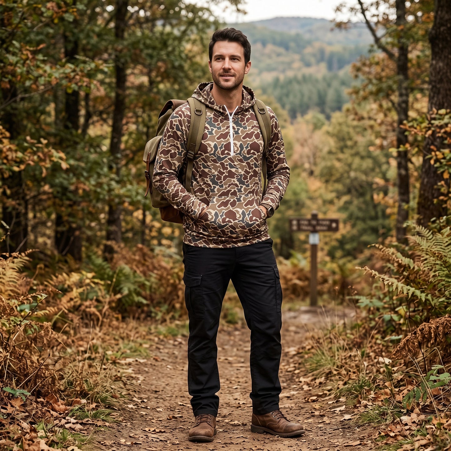 Adult Men Long Sleeve Dark Khaki Camo Zip Pocket Hoodies Top