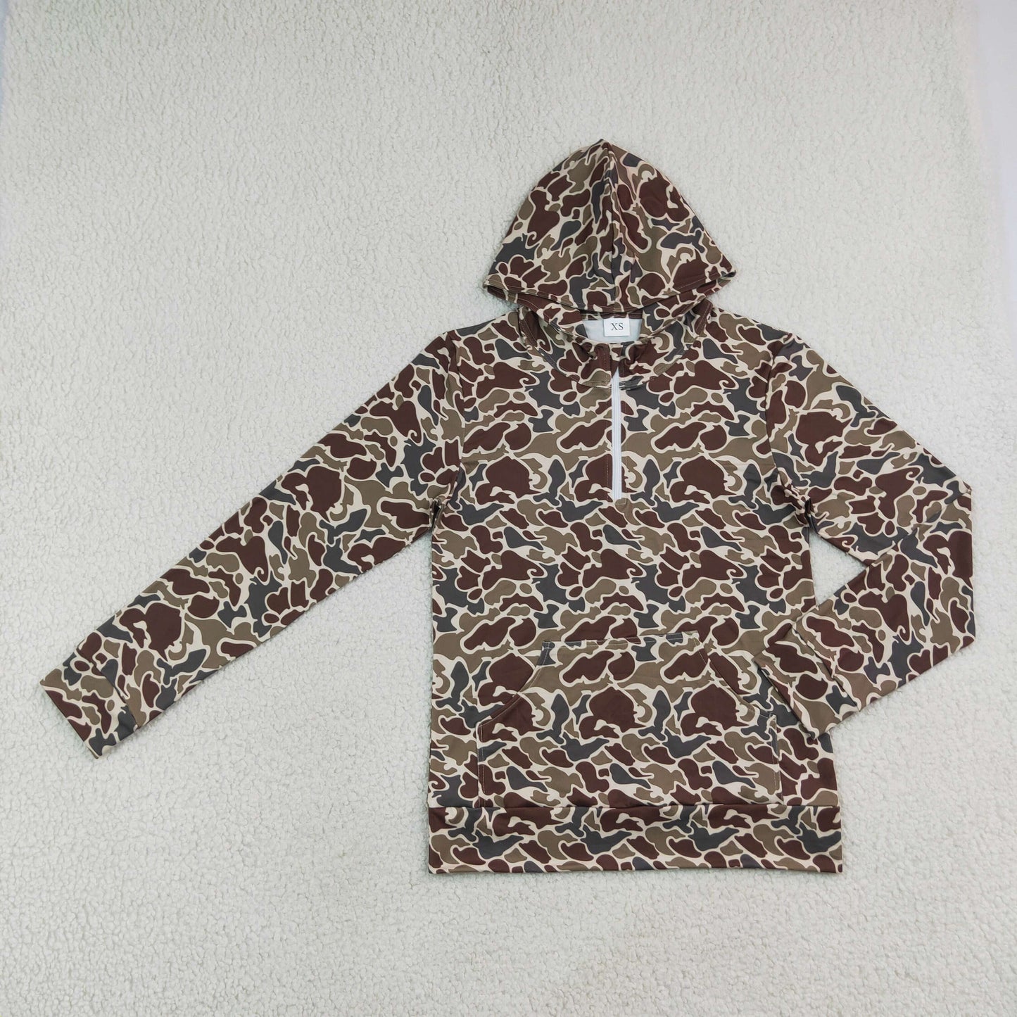 Adult Men Long Sleeve Dark Khaki Camo Zip Pocket Hoodies Top