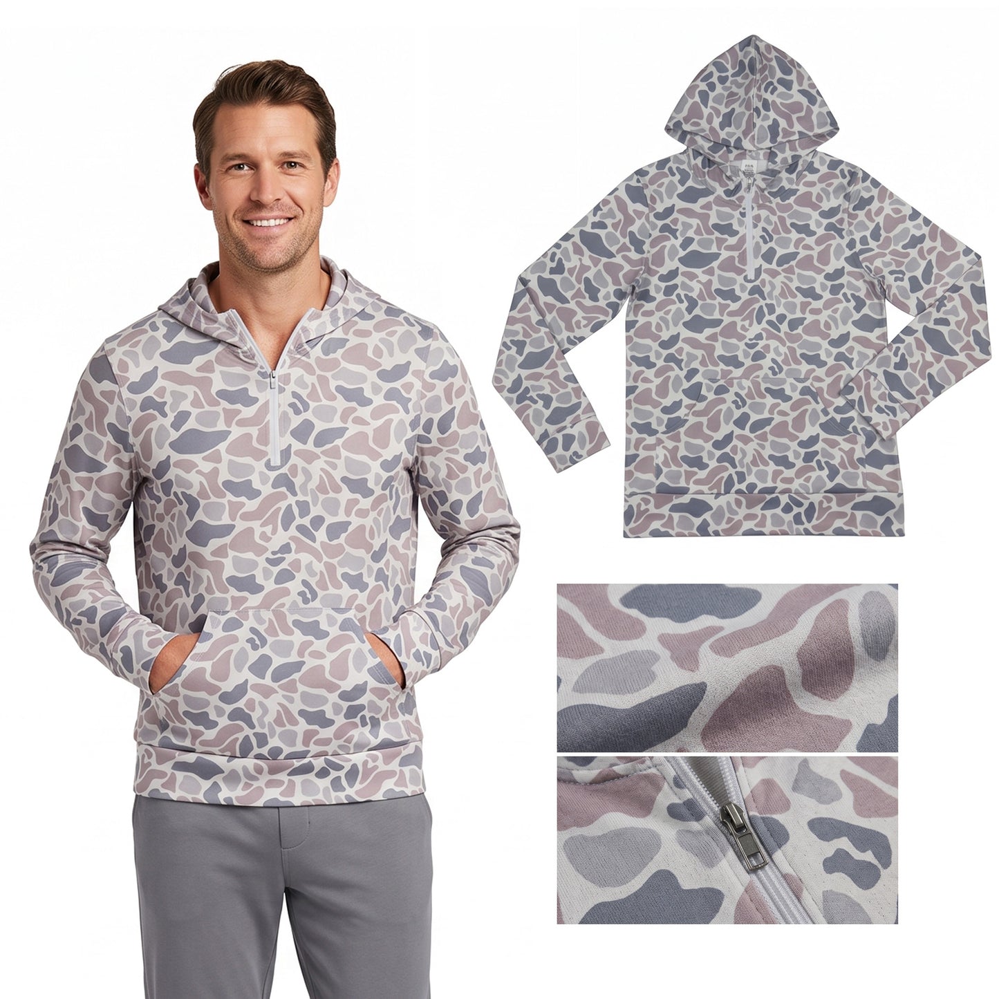 Adult Men Light Grey Camo Zip Pocket Hoodies Top