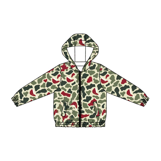 Preorder moq 5 Baby Girls Green Red Camo Christmas Zip Pockets Hoodies Top