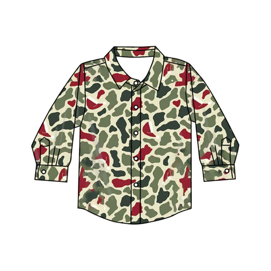 Baby Girls Green Red Camo Christmas Button Shirts Top Preorder