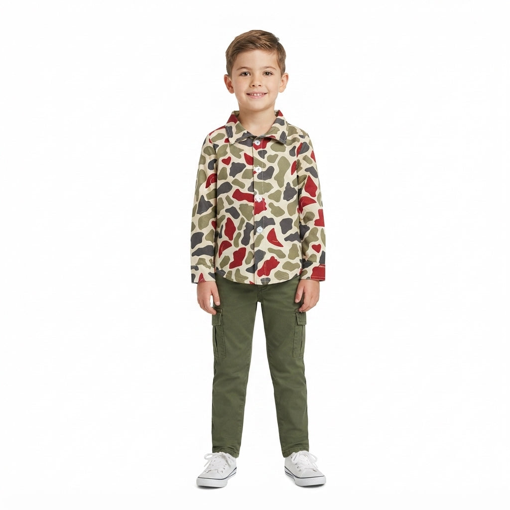 Baby Girls Long Sleeve Green Red Camo Christmas Button Shirts Top