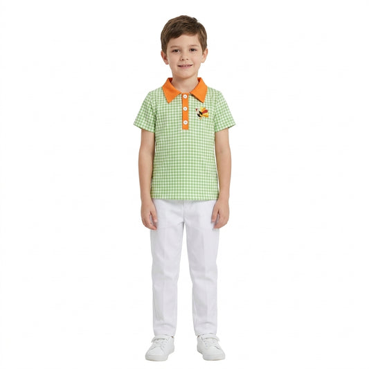 Embroidery Turkey Baby Boys Green Checked Thanksgivings Polo Button Shirts Top