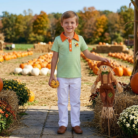 Embroidery Turkey Baby Boys Green Checked Thanksgivings Polo Button Shirts Top
