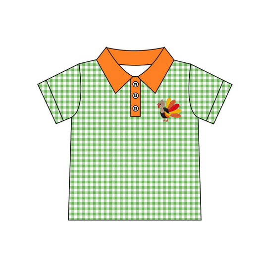 Embroidery Turkey Baby Boys Green Checked Thanksgivings Button Polo Shirts Top Preorder
