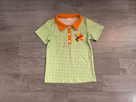 Embroidery Turkey Baby Boys Green Checked Thanksgivings Button Polo Shirts Top Preorder