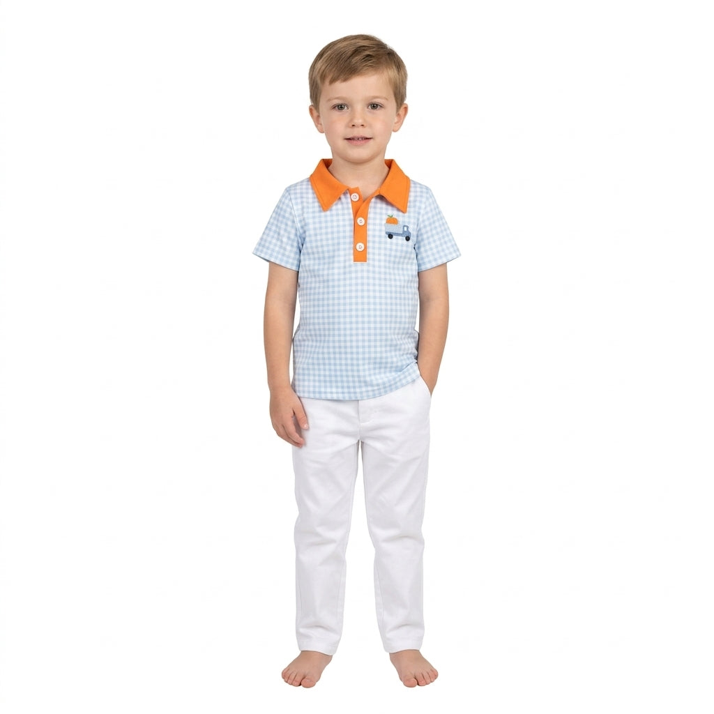 Embroidery Pumpkin Baby Boys Blue Checked Truck Fall Button Polo Shirts Top