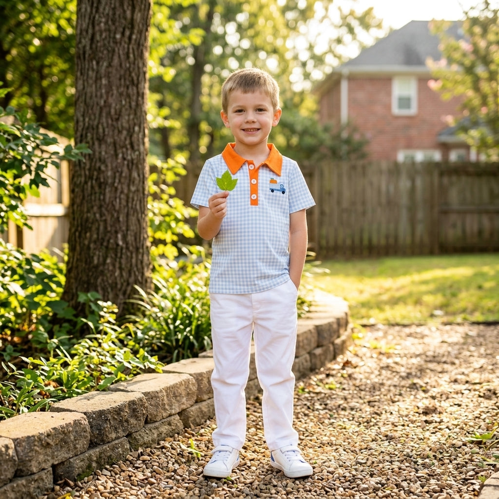 Embroidery Pumpkin Baby Boys Blue Checked Truck Fall Button Polo Shirts Top