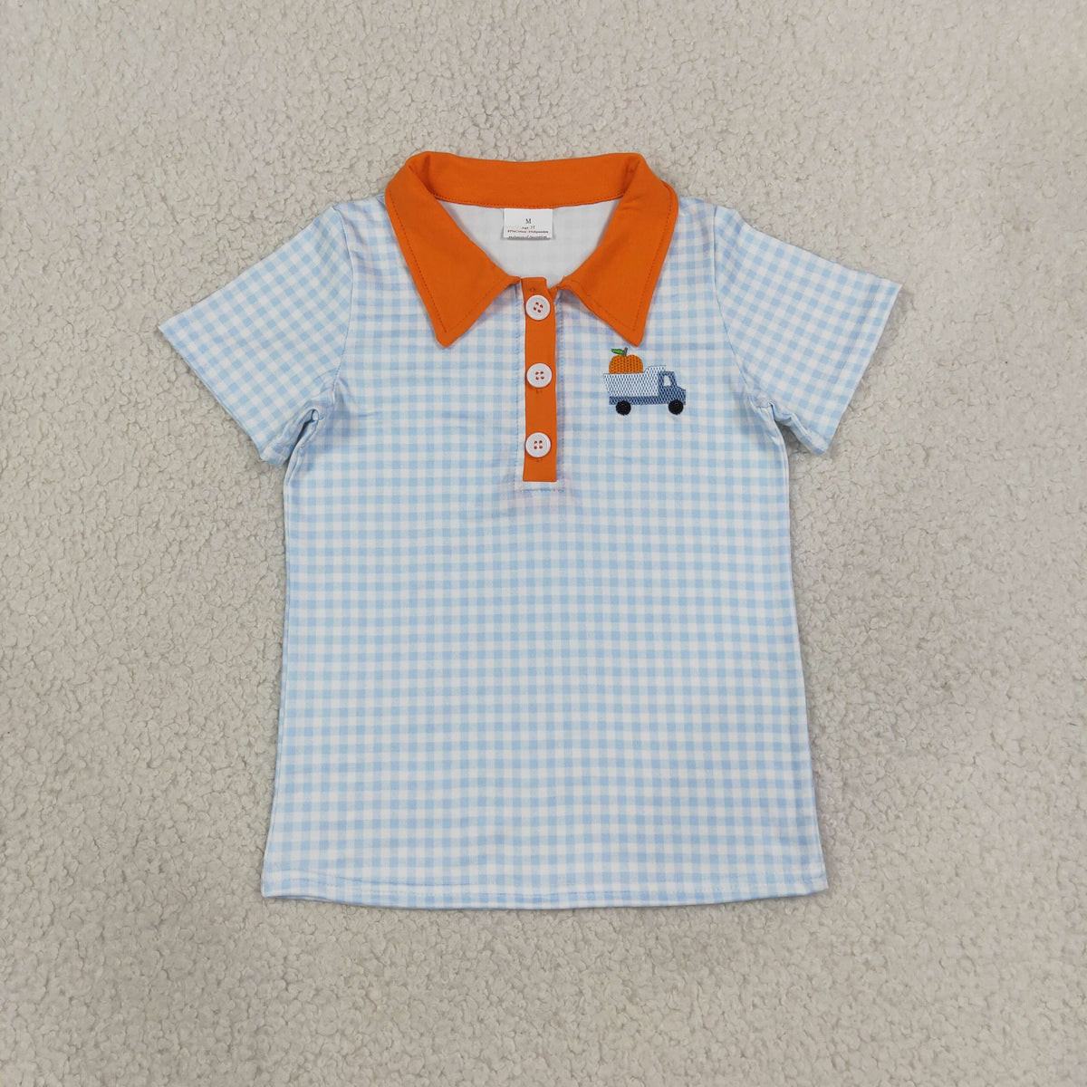 Sibling Baby Girls Blue Checked Embroidery Pumpkins Truck Fall Button Polo Shirts Top