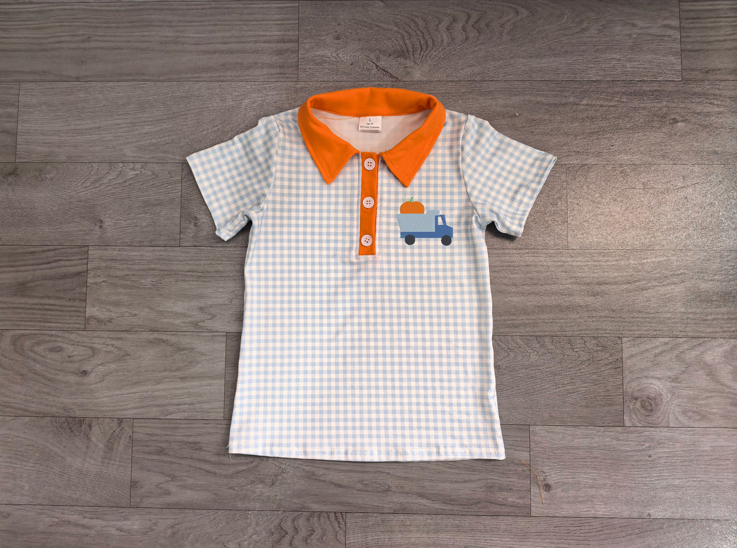 Embroidery Pumpkin Baby Boys Blue Checked Truck Fall Button Polo Shirts Top Preorder